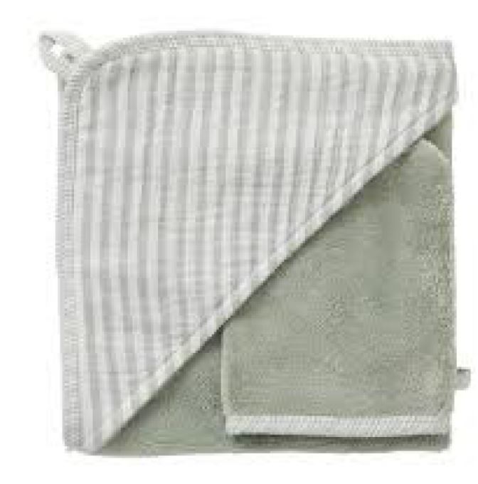 CAPE DE BAIN + GANT RAYE ECRU VERT DE GRIS 70X70CM SOFT STRIPES BB&CO PER