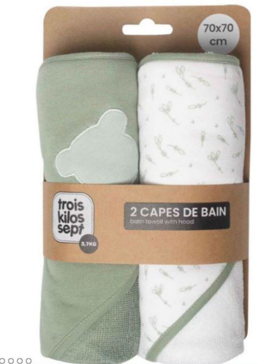 LOT 2 CAPES DE BAIN  OURS + MOTIFS VERT SAUGE 70X70CM TROIS KILOS SEPT