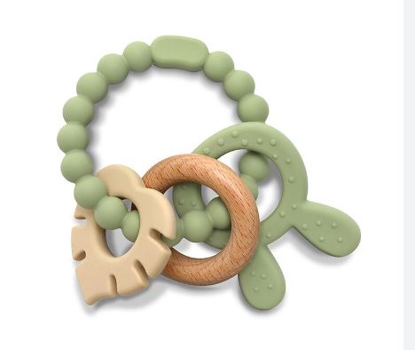 ANNEAU DE DENTITION  SILICONE + HETRE+ LAPIN VERT LORELLI